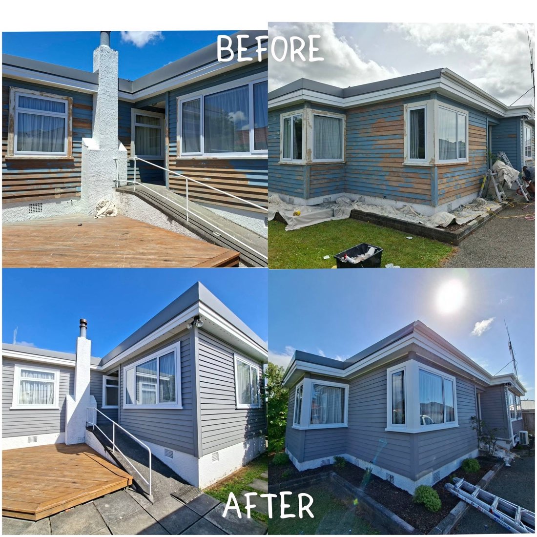 Before and after exterior repaint: bay window and chimney recoated, old paint stripped from the boards