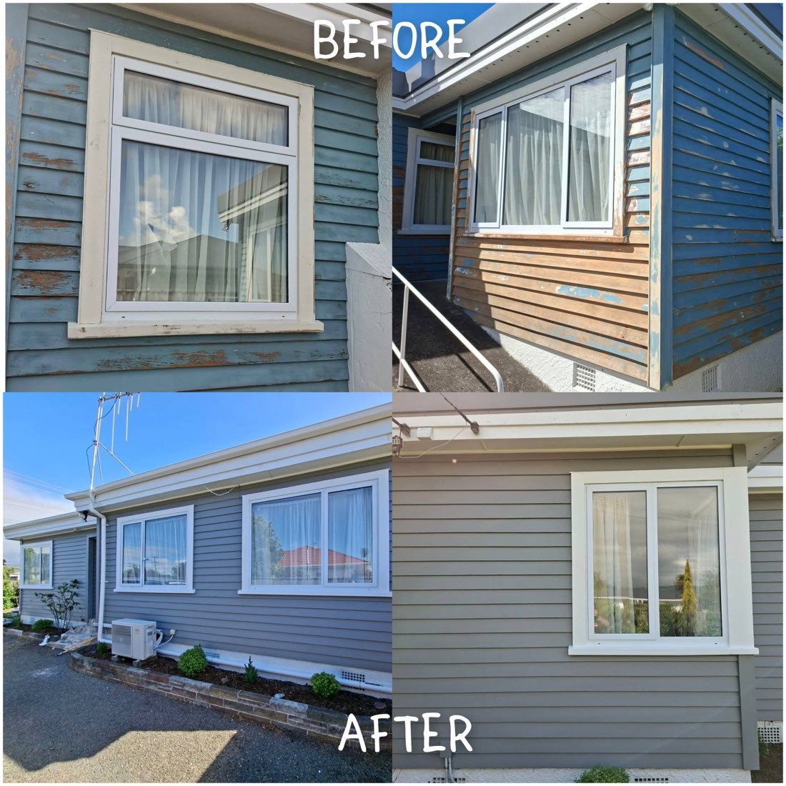 Before and after weatherboard house painting in the Manawatu: peeling blue boards stripped back and repainted in grey