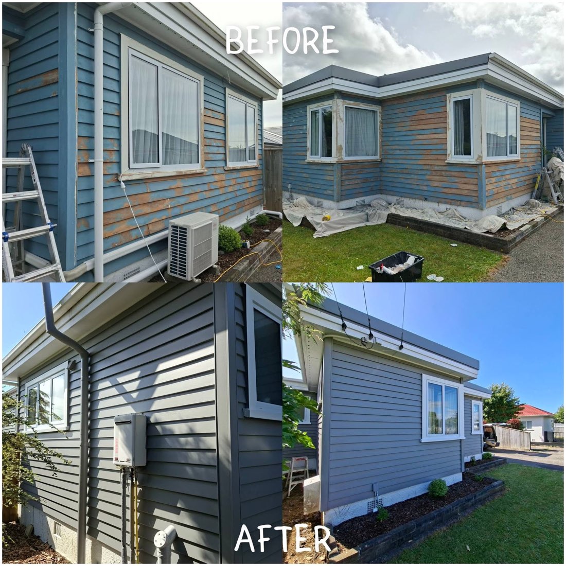 Before and after house painting: side elevation stripped, primed and recoated in charcoal grey